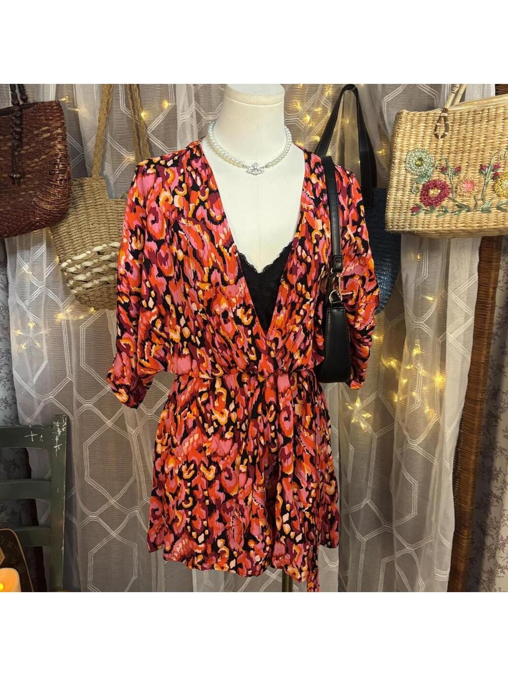 Abstract Pink Orange Animal Print Romper Tie Waist Boho Festival Resort Medium